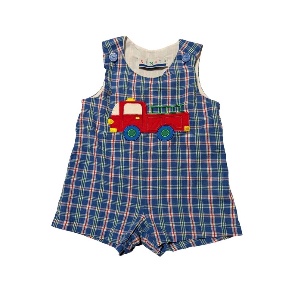 Samara Boys Fire Truck Shortall Romper 18 Mos Multicolor Plaid Outfit Overalls